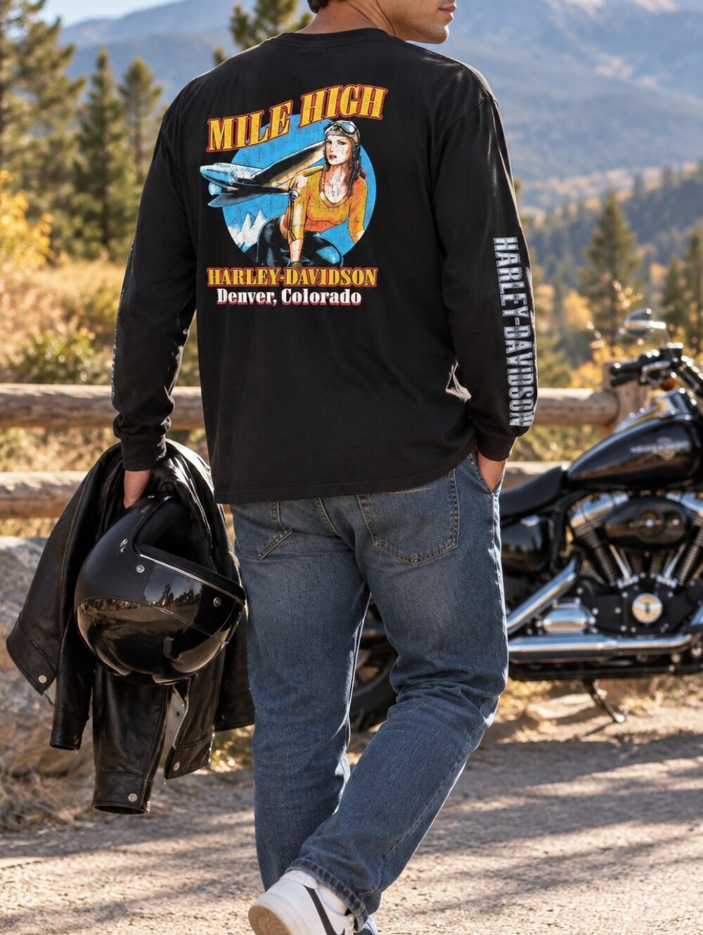 Harley-Davidson Men’s Black Mile High Denver Long Sleeve Graphic Logo Tee Casual
